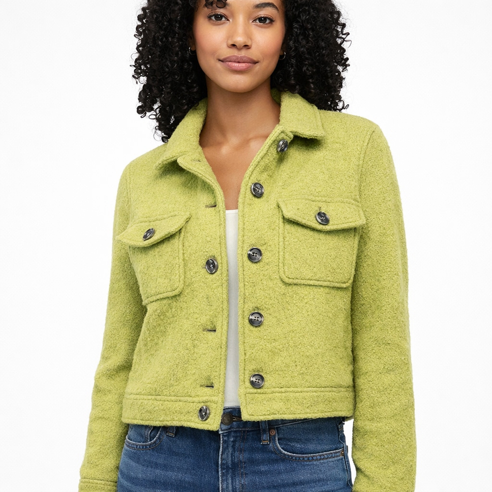 Joie Cropped Fuzzy Wool Blend Jacket Lime Green Boxy Button Front M - Picture 3 of 11